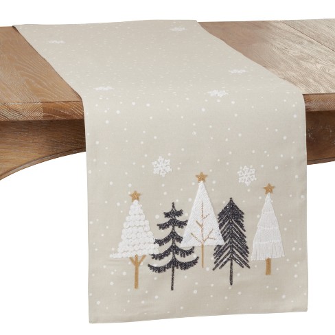 Saro Lifestyle Embroidered Christmas Trees Runner, Natural, 16