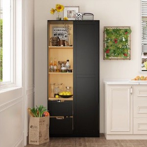 FUFU&GAGA Black Freestanding Tall Pantry Sliding Door Storage Cabinets - 1 of 4