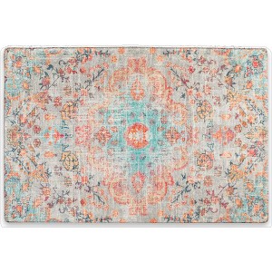 HomeRoots 3' X 5' Teal Orange And Gray Medallion Distressed Washable Area Rug - 1 of 4