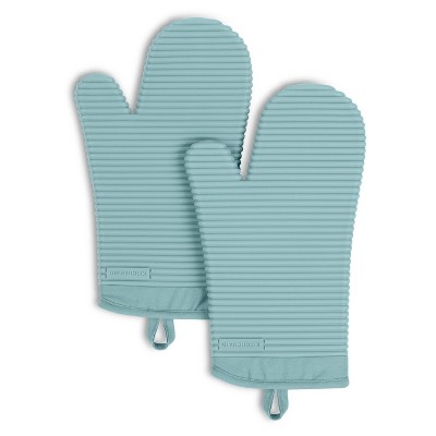 KitchenAid Ribbed Soft Silicone Oven Mitt, 2 Pack, 7.5"x13", Mineral Water Aqua