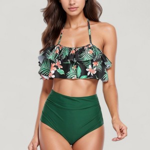 Anna-Kaci Swim Women's Ruffle Flounce Bikini Top and High Waist Bottom Two-Piece Swimsuit with Contrast Trim - 1 of 4