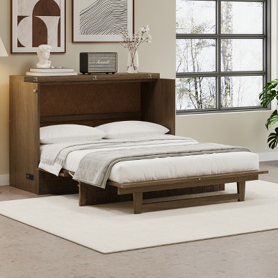 Farmhouse Style Full/Queen Size Murphy Bed with Charging Station and Large Storage Drawer, Geometric Veneer Cabinet, Brown - ModernLuxe