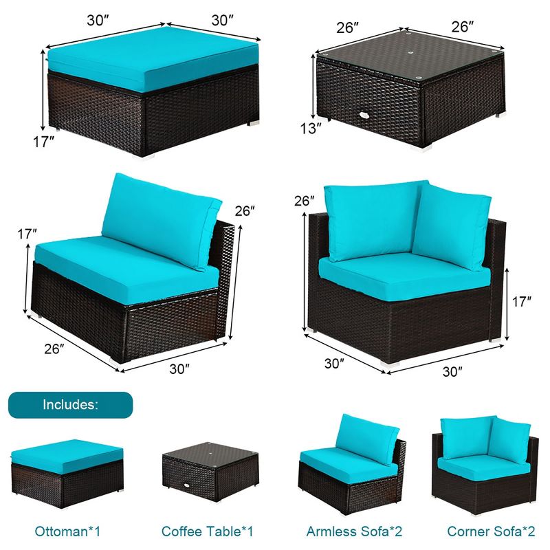 Costway 6PCS Outdoor Patio Rattan Furniture Set Cushioned Sectional Sofa Navy\Black\Turquoise, 5 of 11