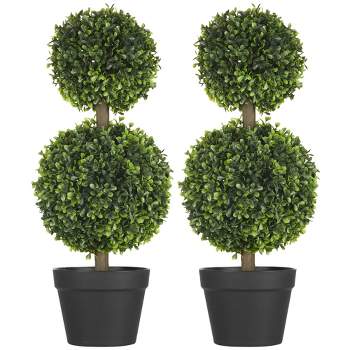 HOMCOM 2 Pack 23.5" Artificial Boxwood Topiary Ball Trees Set of 2, Double Ball-Shaped Boxwood Artificial Topiary Plants for Indoor Outdoor, Green