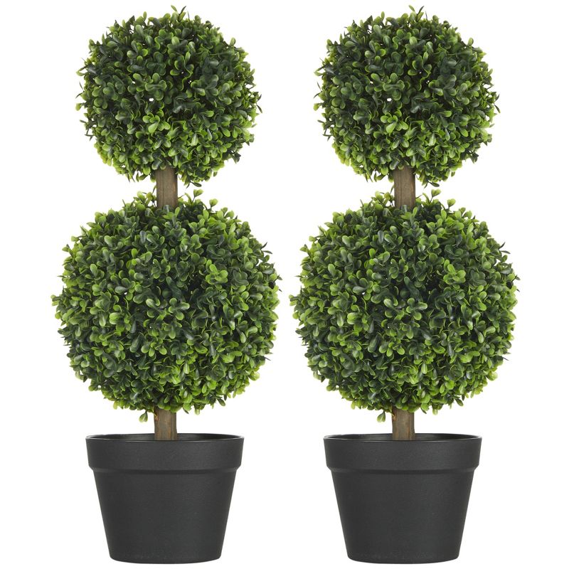 HOMCOM 2 Pack 23.5" Artificial Boxwood Topiary Ball Trees Set of 2, Double Ball-Shaped Boxwood Artificial Topiary Plants for Indoor Outdoor, Green, 1 of 7