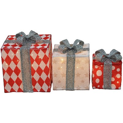 Candy Cane Lane 8/10/12 Inch Set Of Three Diamond, Star, Dot With Silver Bow Presents Outdoor Led Décor, Nested