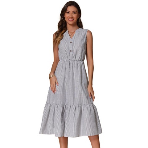 Женские платья INSPIRE CHIC Women's Sleeveless V Neck Button Down Striped Ruffle Midi Shirt Dress Black X-Large