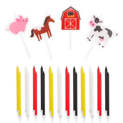 Blue Panda 28-Pack Farm Animal Cake Topper with Thin Tall Birthday Candles 5.5-Inch in Holders