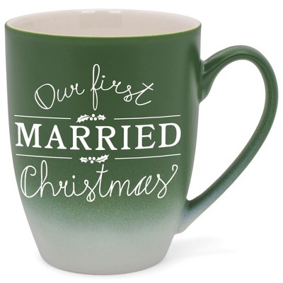 Elanze Designs Our First Married Christmas Two Toned Ombre Matte Green and White 12 ounce Ceramic Stoneware Coffee Cup Mug