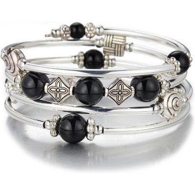 Beaded Pearl Bangle Wrap Bracelet with Thick Silver Metal Beads, Multilayer Bohemian Charm Jewelry for Women