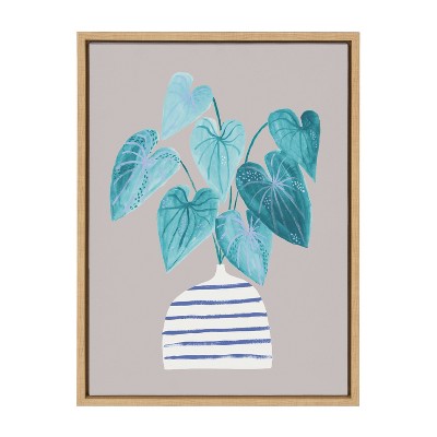 18" x 24" Sylvie Minimal Houseplant in Stripey Vase Gray Framed Wall Canvas - Kate & Laurel All Things Decor