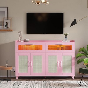 Garvee Sideboard Buffet Cabinet with Power Outlet & LED Light -with 2 Fluted Acrylic Drawers & 4 Rattan Doors - 1 of 4