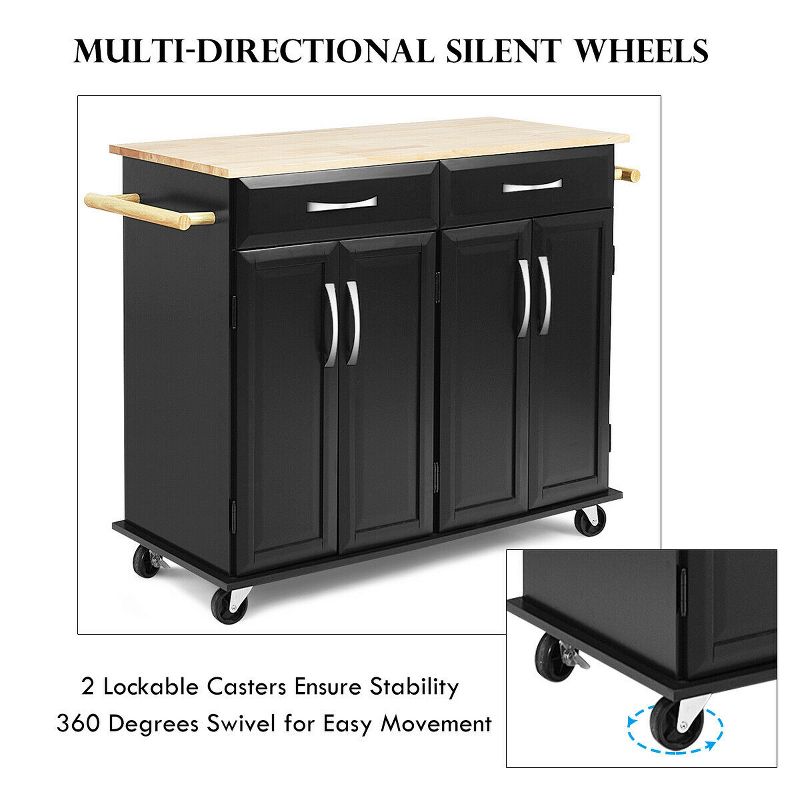 Costway Rolling Kitchen Trolley Island Black Cart Wood Top Storage Cabinet Utility W/ Drawers, 5 of 11
