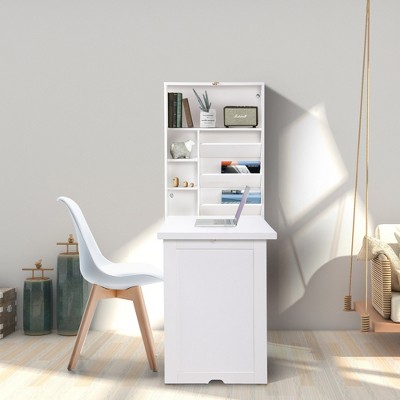 DOMETOUR Modern Compact Wood Wall Mounted Folding Desk Cabinet Convertible Writing Desk for Home Office with Storage, White