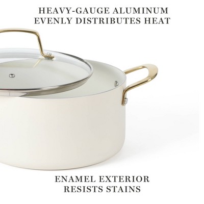 Linen White 10-Piece Nonstick Enamel Aluminum Cookware Set with Gold Handles