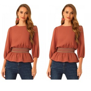 Allegra K Women's 3/4 Sleeve Round Neck Smocked Waist Peplum Blouse 2 Packs - 1 of 4