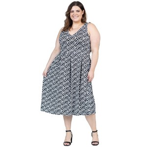 24seven Comfort Apparel Plus Size Midi Length Black Geo Print Sleeveless Pleated Pocket Dress - 1 of 4