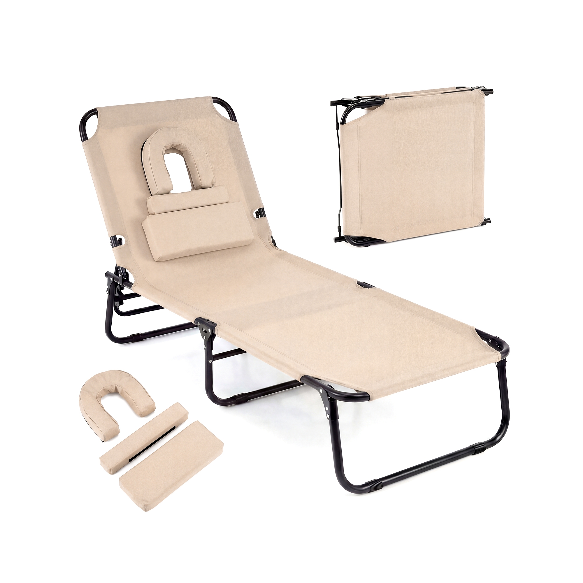 Costway Beach Chaise Lounge Chair with Face Hole Pillows & 4-Position Adjustable Backrest Beige