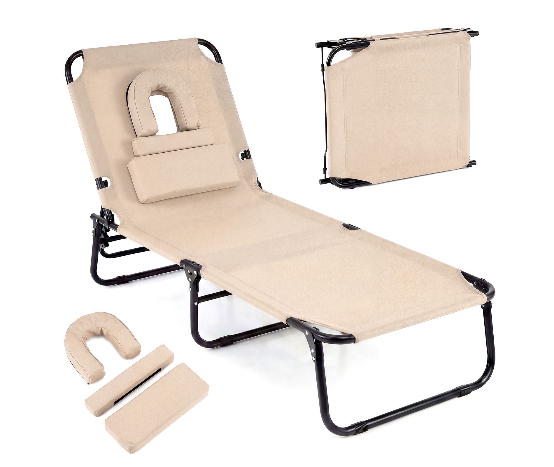 Costway Beach Chaise Lounge Chair with Face Hole Pillows & 4-Position Adjustable Backrest Beige