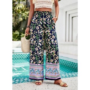 Coolmee Women's Floral Palazzo Pants Dressy Casual Wide Leg Slacks Elastic Waist with Pockets - 1 of 4