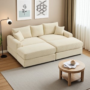 82" Corduroy Sectional Sofa Bed with Pillows & Ottomans - 1 of 4