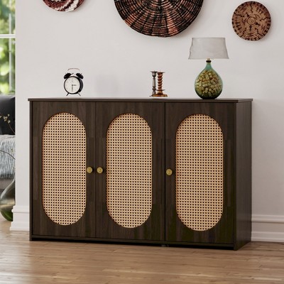TiramisuBest Retro 3-Door Sideboard with Large Storage Space Artificial Rattan Doors and Metal Handles, Accent Cabinet for Living Room and Hallway