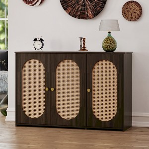 TIRAMISUBEST Retro 3-Door Sideboard with Large Storage Space Artificial Rattan Doors and Metal Handles, Accent Cabinet for Living Room and Hallway - 1 of 4