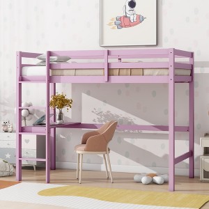 NicBex Twin Size Loft Bed with Desk Wooden Bed Frame with Long Ladder and Full Length Guardrail, No Box Spring Required, Pink - 1 of 4