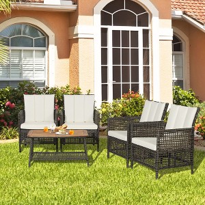 Costway 5PCS Patio Rattan Furniture Set Cushioned Sofa Armrest Wooden Tabletop - 1 of 4