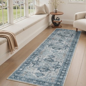 MontVoo Machine Washable Oriental Floral Area Rug Blue - 1 of 4