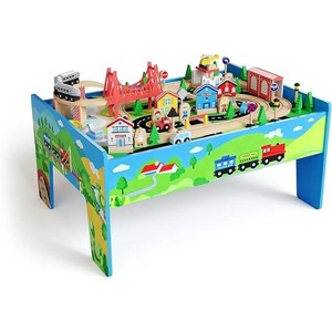 Train Table, 80 Pieces Wooden Kids Activity Toy Table Playset, Tracks, Train, Railway, City, Gift for Toddler Boys Girls - 1 of 4