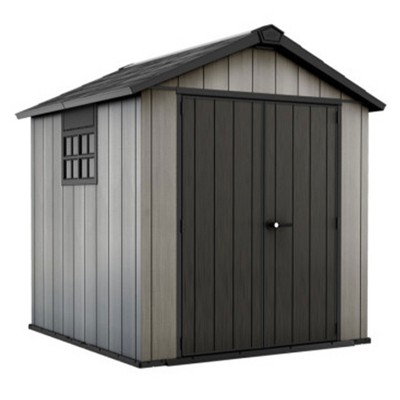 Keter Oakland 7 x 7.5 Foot Outdoor Garden Tool Storage Shed Durable Resin Backyard Furniture with Planter Box, Lockable Doors, and Ventilation, Grey