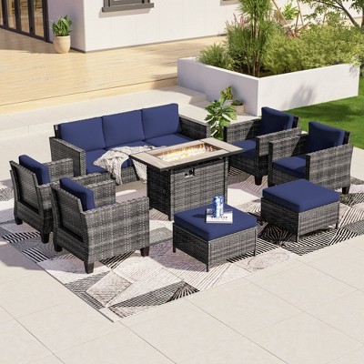 Sonkuki 8 Pieces Patio Sofa with Rectangle Fire Pit Table and Ottomans, Wicker Conversation Couch, Light Gray Cushion