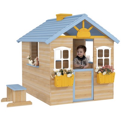 Outsunny Wooden Playhouse for Kids, Adventures Cottage, with Working Door, Windows, Bench, Service Station, Flowers Pot Holder, for 3-7 Years Old Blue