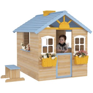 Outsunny Wooden Playhouse for Kids, Adventures Cottage, with Working Door, Windows, Bench, Service Station, Flowers Pot Holder, for 3-7 Years Old Blue - 1 of 4