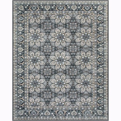Lahome Machine Washable Large Arm Badge Floral Moro Floor Mat-Soft Carpet for Living Room, Bedroom, or Entryway-Black-8'2"x10'