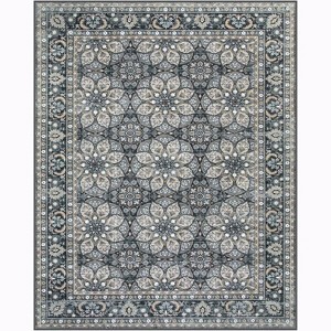 Lahome Machine Washable Large Arm Badge Floral Moro Floor Mat-Soft Carpet for Living Room, Bedroom, or Entryway-Black-8'2"x10' - 1 of 4