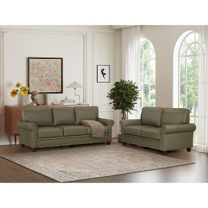 PU Leather Sofa with Nailhead Trim, Rolled Arms, and Rubber Wood Legs – Classic Upholstered Sofa Couch for Living Room - HABITRIO - 1 of 4