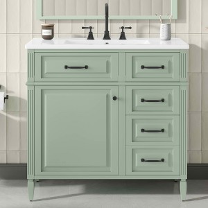 MAYEERTY 36" Bathroom Vanity with Sink White Solid Wood Flip Drawer 3 Drawers 2 Doors Black Metal Handles MDF - 1 of 4
