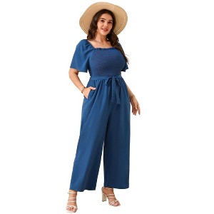 Clearlove Jumpsuits for Plus Size Women Casual Square Neck One Piece Floral Wide Leg Rompers - 1 of 4
