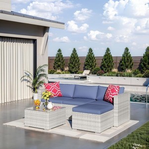 Garvee 5 Pieces Patio Furniture Set - Rattan Outdoor Sofa Set with Cushions, Wicker Sectional with Glass Coffee Table & Ottoman - 1 of 4