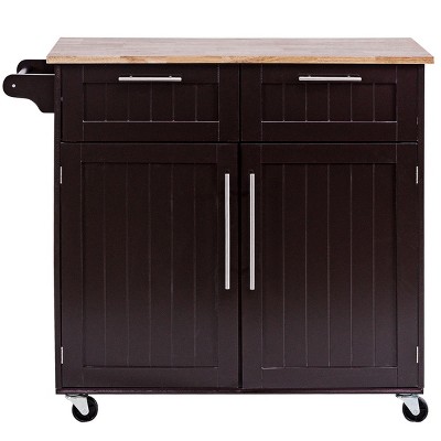 Brown Rubberwood Kitchen Cart with Storage and Casters