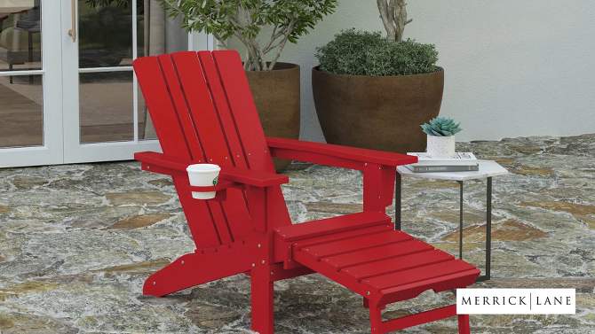 Merrick Lane HDPE Adirondack Chair with Cup Holder and Pull Out Ottoman, All-Weather HDPE Indoor/Outdoor Lounge Chair, 2 of 13, play video