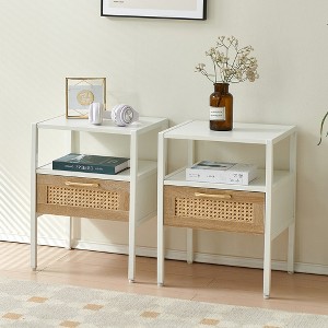 15.75'' Rattan Nightstands Boho End Table With Drawer Solid Wood Legs Open Shelf Modern Side Table - 1 of 4