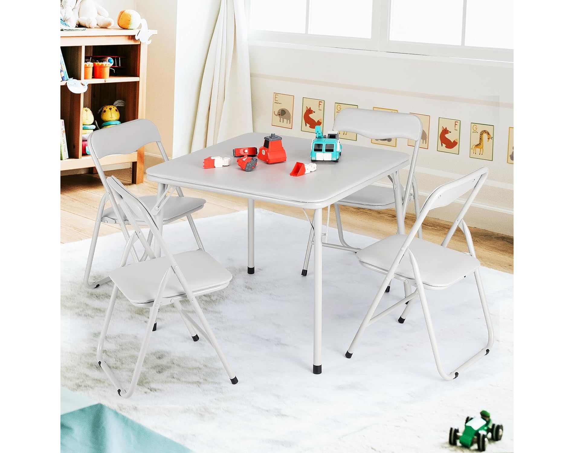 Folding Card Table and 4 Chair Set, Upholstered Foldable Table and Chairs, Portable Metal Frame Activity Table Set for Kids Eating, Reading, Playing