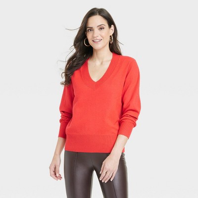 Women's Fine Gauge V-Neck Sweater - A New Day™ Red XL