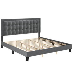 Velvet Upholstered Bed Frame with Adjustable Headboard, Wood Slat Support, No Box Spring Needed, Easy Assembly - 1 of 4