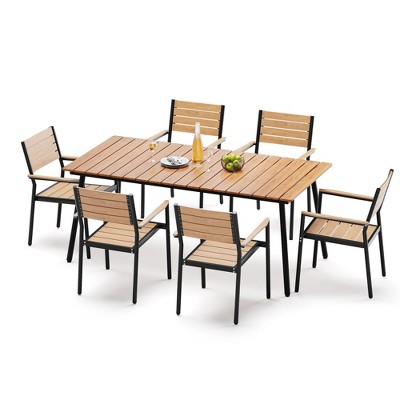 Crestlive Products Outdoor Dining Set Patio Dining Table Wooden-Like Top and Aluminum Frame Umbrella Hole