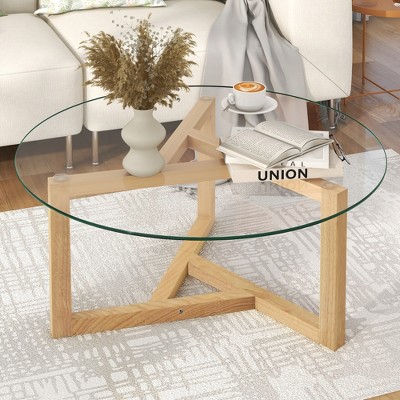 VYNXARIA Natural Round Glass Coffee Table with Sturdy Wood Base - Easy Assembly