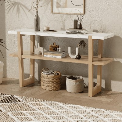 Wooakway Retro Console Table With 2-Tier Open Storage Shelf, Sofa Table, Narrow Entryway Table With Marble-Effect Top For Hallway, Living Room